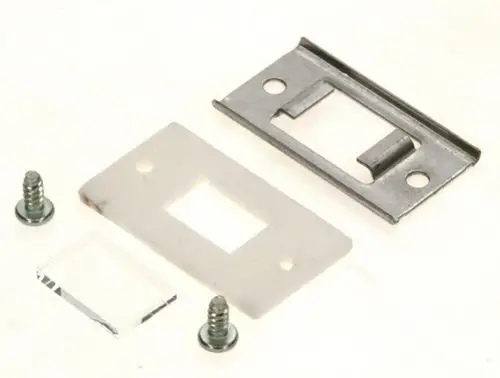 BOSCH Schauglas mit einer klaren Glasplatte und Metallrahmen, umgeben von zwei Schrauben und einer transparenten Kunststoffplatte.